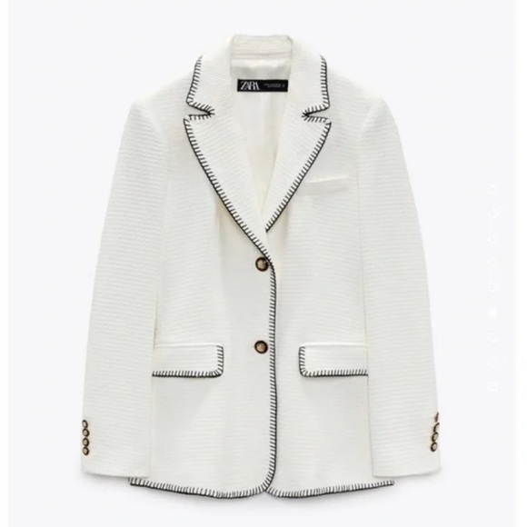 Zara Blogger’s Favorite White Textured Blazer with Black Embroidery - Picture 2 of 13